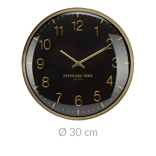 Ceas de perete negru cu ace si cifre aurii pe cadran, Ø 30 cm