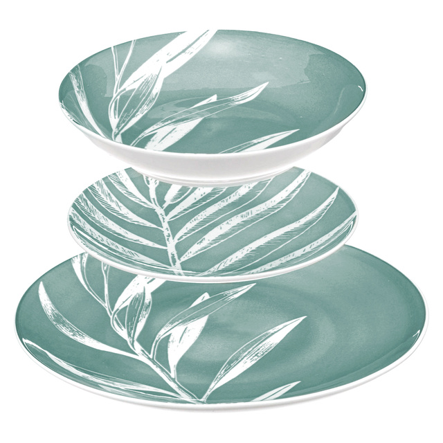 Set vesela din portelan, pentru 6 persoane, motiv frunze, 18 bucati