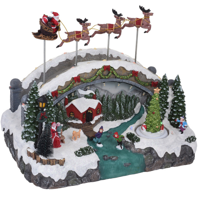 Figurina de Crăciun, MOS CRACIUN CU SANIA, în mișcare, cu LED, 33 cm