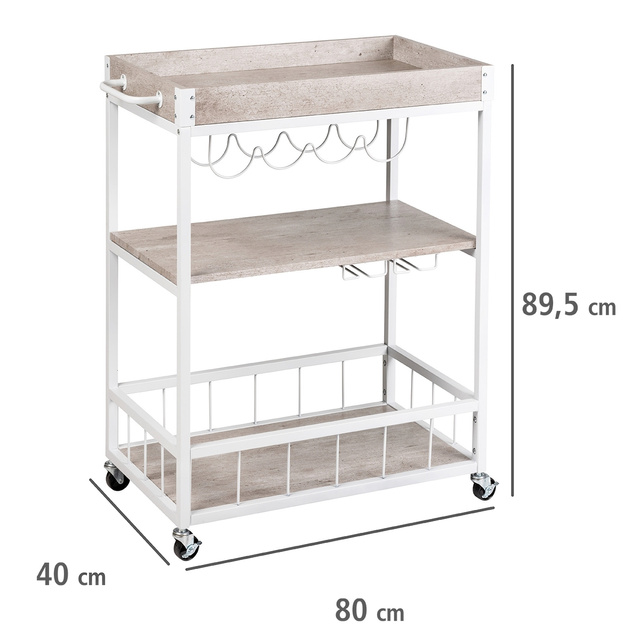 Cărucior de bucătărie RUSTICO, etajera pe trei niveluri pe roți cu suporturi pentru sticle și pahare - 80 x 89,5 x 40 cm, WENKO