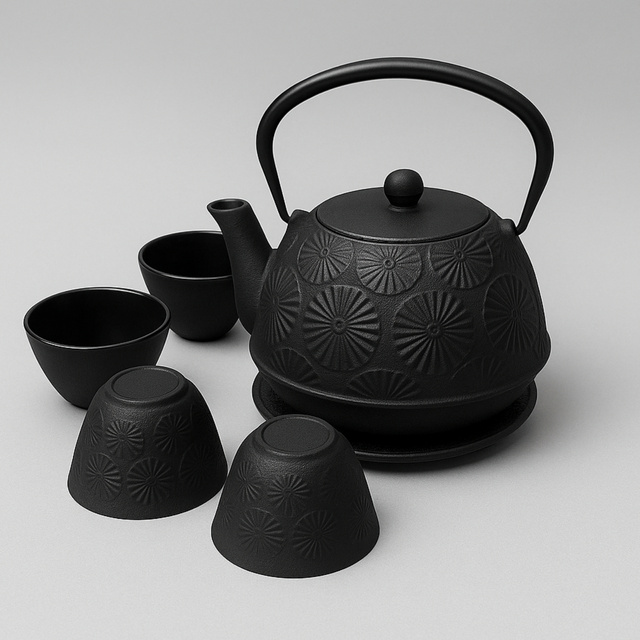 Căldare din fontă cu cești și suport KOGA, 1200 ml, negru