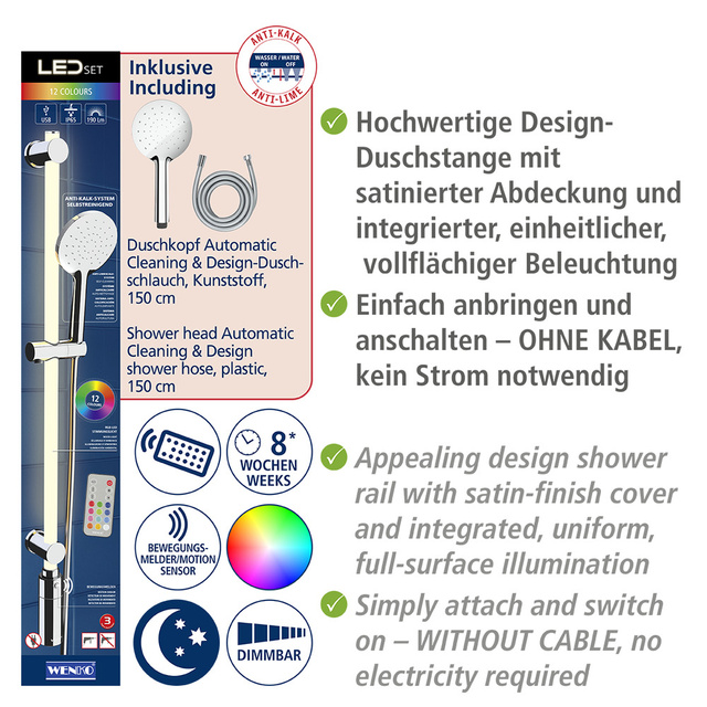 Suport dus LED cu dus de mana, 12 culori, set, WENKO