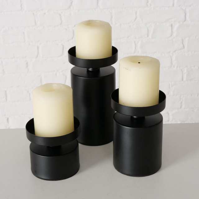 Set 3 suporturi de lumanare de masa, pentru lumanari groase Meril, 7,5 cm, negru
