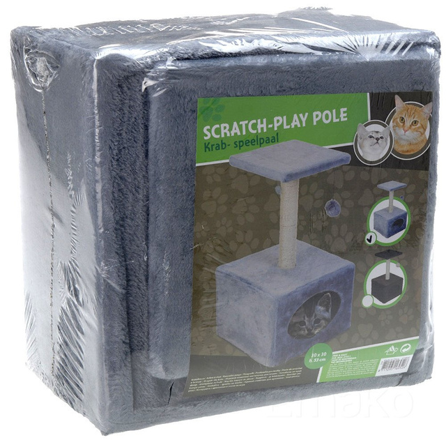 Casă pentru pisică cu zgârietură și jucărie, maro închis.