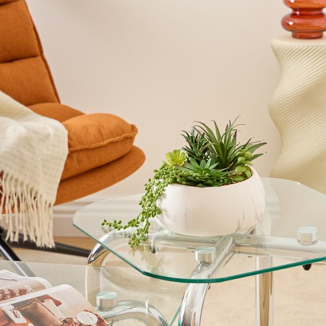 Suculente artificiale în ghiveci ceramic cu model de marmură, înălțime 18 cm