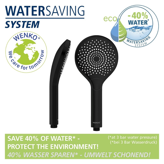 Cap de duș cu economie de apă, Ø 12 cm, negru mat, WENKO
