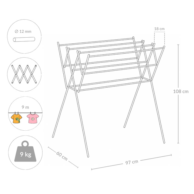 Uscător de rufe pliabil HARMEN, cu trei niveluri, 9 m