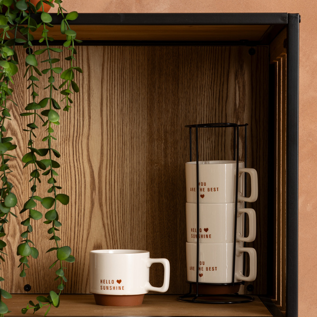 Set de 4 căni din porțelan HELLO pe suport metalic, 4 x 300 ml