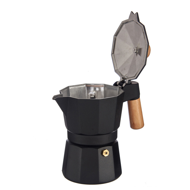 Cafetiera din aluminiu cu maner din lemn, 3 cesti