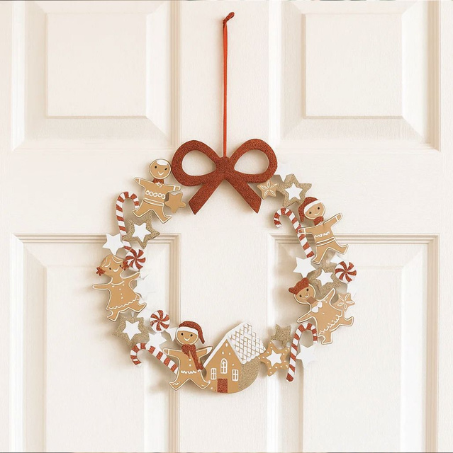 Coronita de Craciun din lemn cu motiv turta dulce, Ø 33 cm