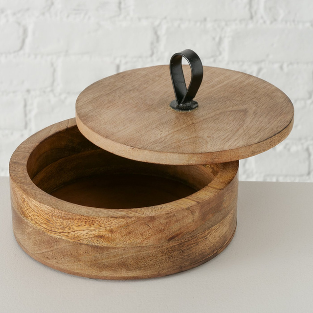 Cutie rotunda Kabir, lemn de mango, 19 cm