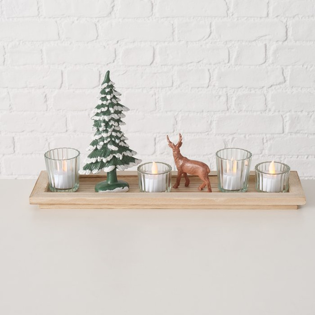 Tavă decorativă cu figurine și suporturi pentru lumânări, lungime 42 cm