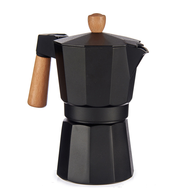 Cafetiera din aluminiu cu maner din lemn, 6 cesti