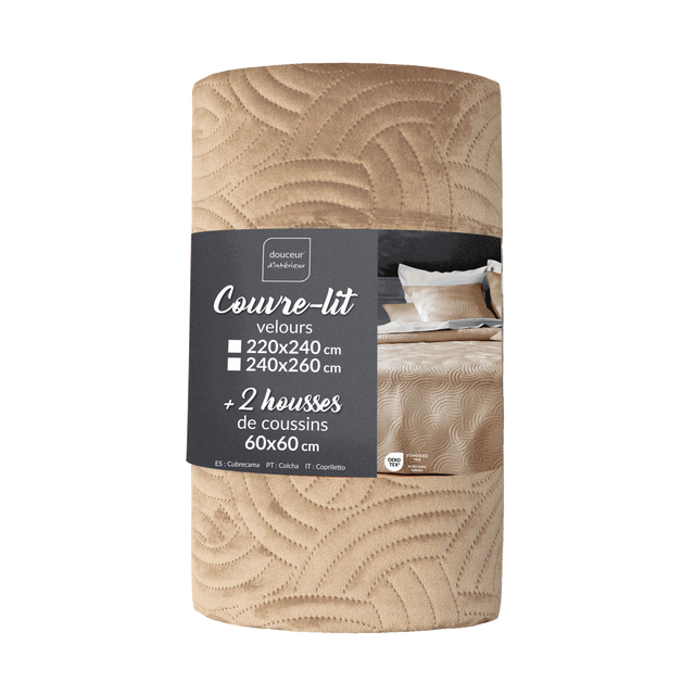 Set de lenjerie de pat din catifea SOLANGE, cuvertură + 2 fețe de pernă, bej