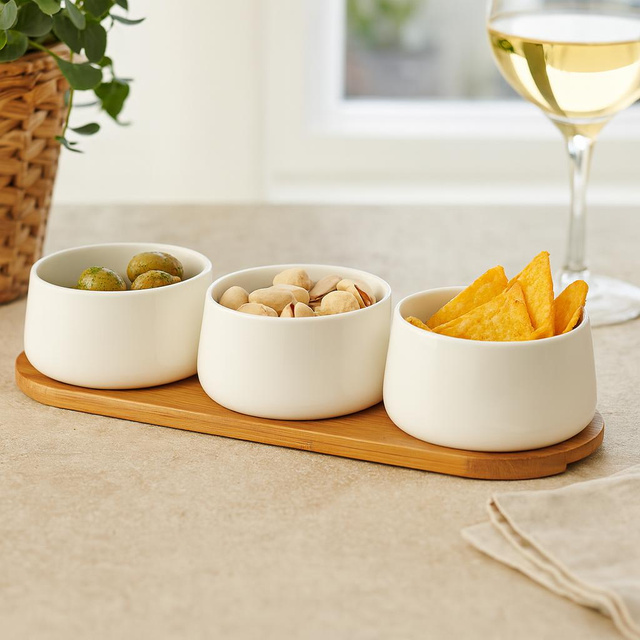 Set de boluri din porțelan pentru dipuri APERIO, 3 x 200 ml, tavă din bambus