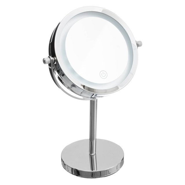 Oglinda cosmetica iluminata cu LED, rotunda, pe baza metalica
