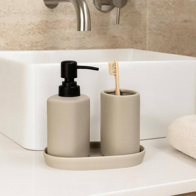 Set de baie PLY, dozator ceramic, cană și tavă, bej