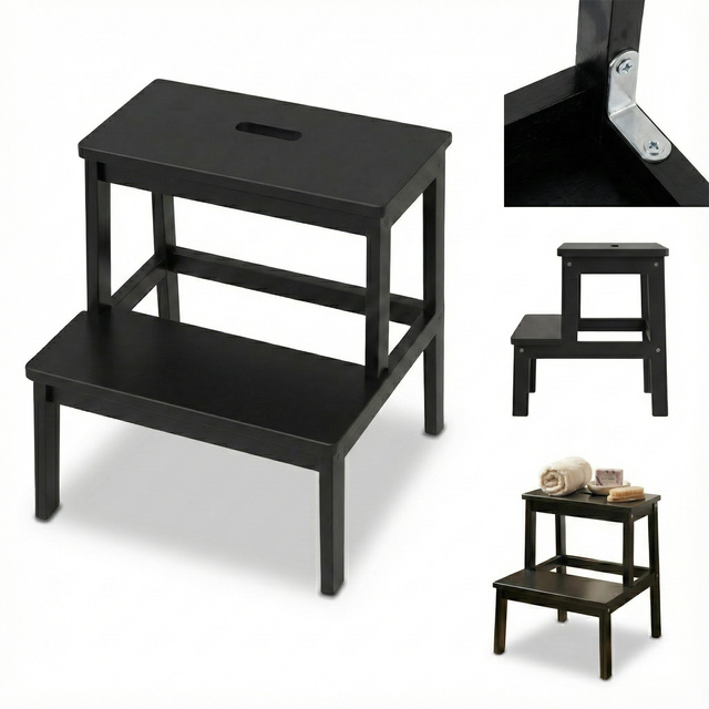 Taburet din bambus cu treaptă KROK, înălțime 46 cm, negru