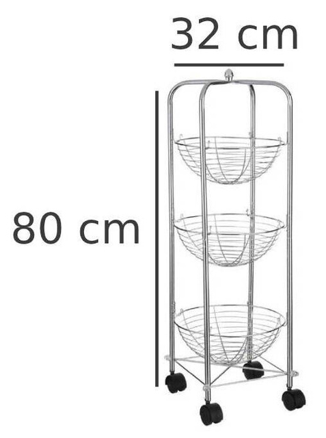 Carucior bucatarie cu cosuri cu fructe, 3 niveluri, otel cromat, 80 cm