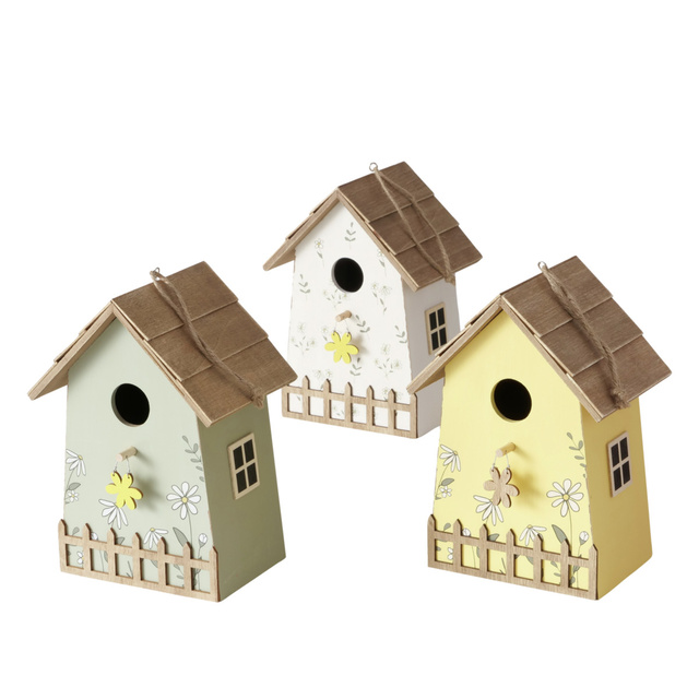 Cuib de lemn pentru pasari Kamille, model cu flori, inaltime 22 cm