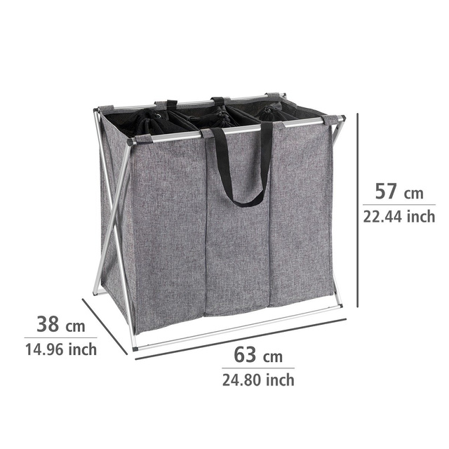 Coș pentru rufe textile Trio cu cadru din oțel, cos pliabil cu trei secțiuni - 130 l, 59 x 57 x 38 cm, WENKO