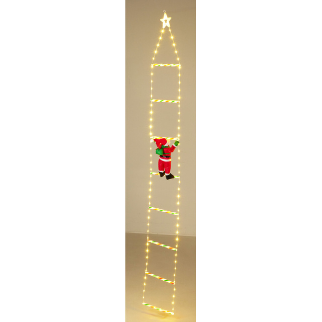 Decorațiune de Crăciun, 124 LED, Moș Crăciun pe scară, 2 m, auriu