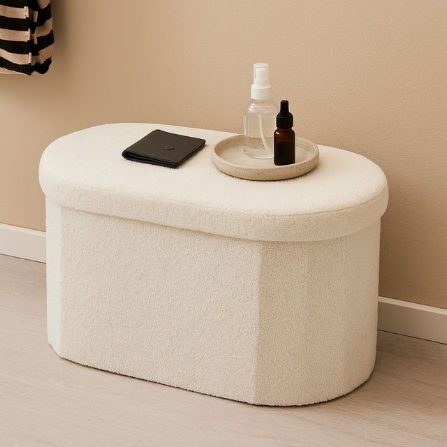 Taburet bouclé alungit cu spațiu de depozitare BINI, 71 x 39,5 x 39 cm