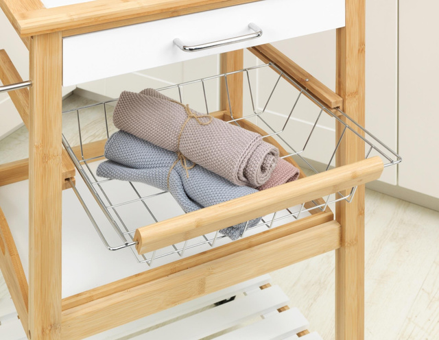 Cărucior de bucătărie pe roți FINJA, lemn de bambus si MDF, Alb, WENKO