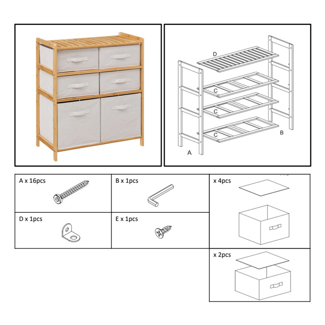 Dulap din bambus TIDY cu 6 coșuri din material textil, înălțime 78,5 cm.