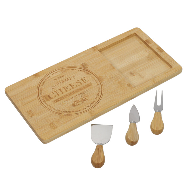 Placă din bambus pentru brânzeturi și gustări + 3 cuțite