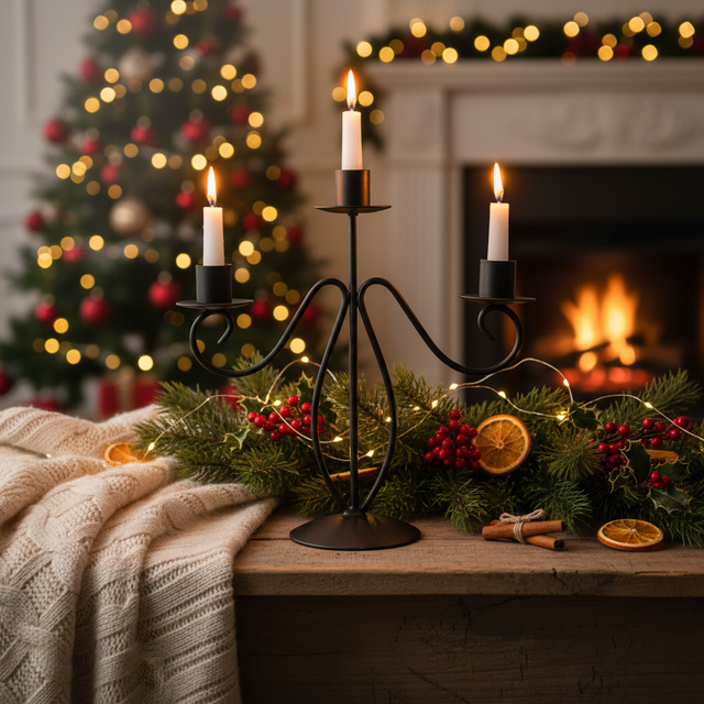 Candelabru cu trei brațe, metal, 22 cm