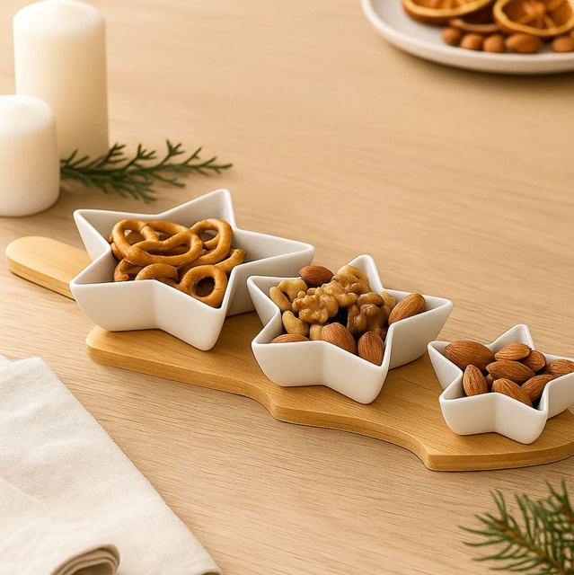 Boluri pentru servirea gustărilor GLACIERA, 3 stele și tavă din bambus