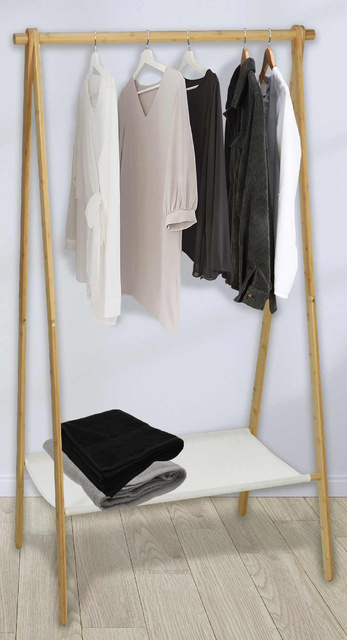 Suport pentru haine din bambus + raft textil, 86 x 57 x 155 cm