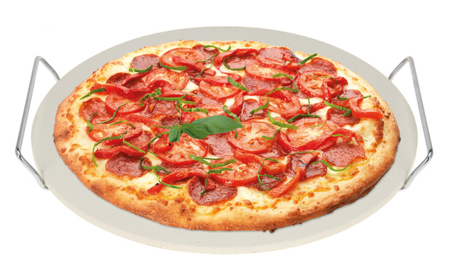 Piatră pentru coacerea pizzei, pâinii + suport metalic pentru servire