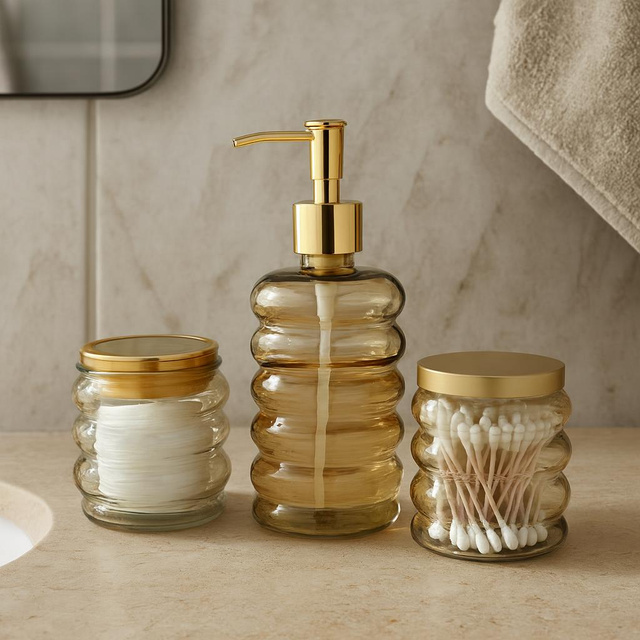 Set de baie HUM, dozator din sticlă, cană, recipient, 3 elemente, piersică