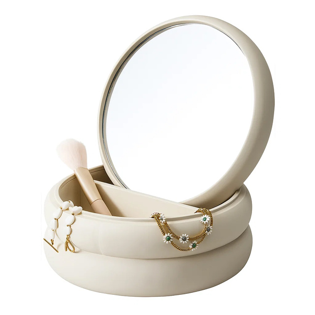 Cutie pentru bijuterii cu oglindă, 17,5 x 17,5 x 9 cm, ecru