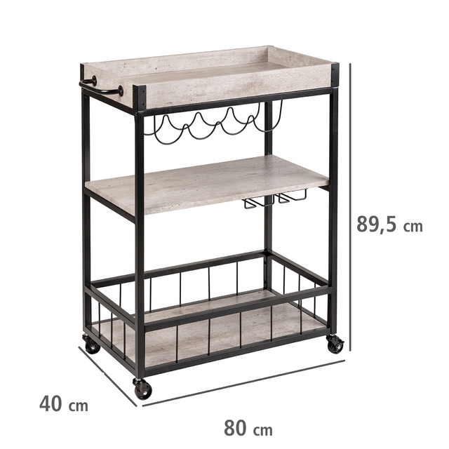 Cărucior de bucătărie RUSTICO, etajera pe trei niveluri pe roți cu suporturi pentru sticle și pahare - 80 x 89,5 x 40 cm, WENKO