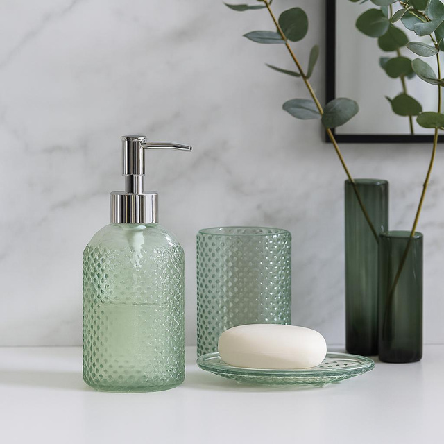 Set de baie NODE, dozator, pahar pentru periuțe de dinți și suport pentru săpun, 3 elemente, verde