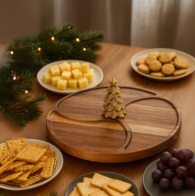 Placă rotundă pentru servirea aperitivelor NEVESSA, brad decorativ, lemn de acacia, Ø 28 cm