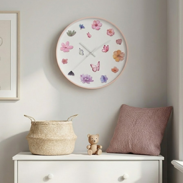 Ceas de perete cu motiv floral, Ø 30 cm, roz