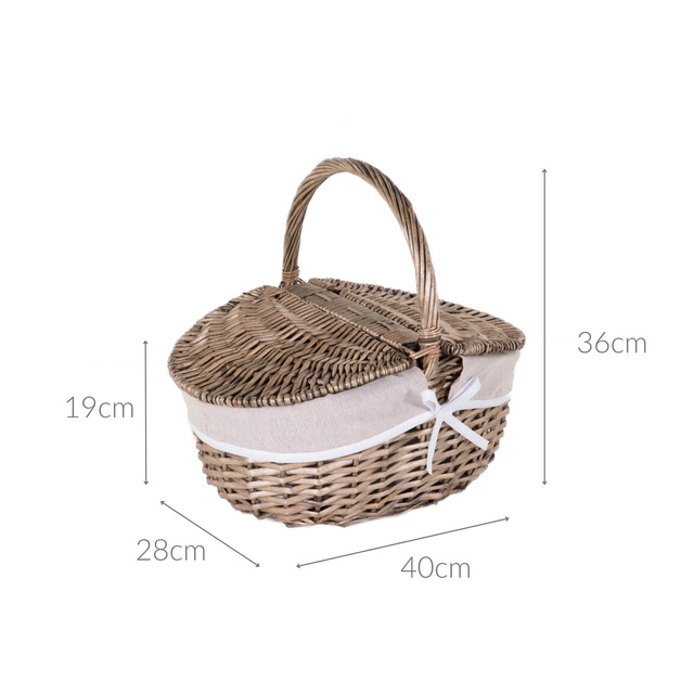 Cos de picnic din rachita cu capac si captuseala din material textil, 40 x 28 cm