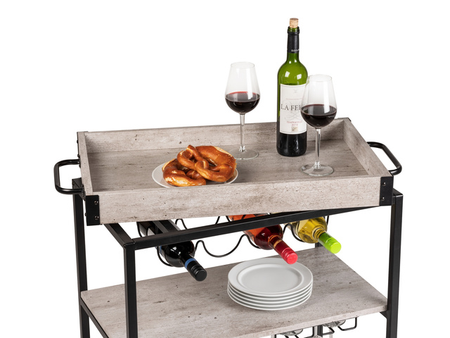 Cărucior de bucătărie RUSTICO, etajera pe trei niveluri pe roți cu suporturi pentru sticle și pahare - 80 x 89,5 x 40 cm, WENKO