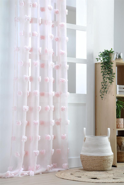 Perdea POMPINOU roz pudrat, cu pompoane, 135 x 260 cm