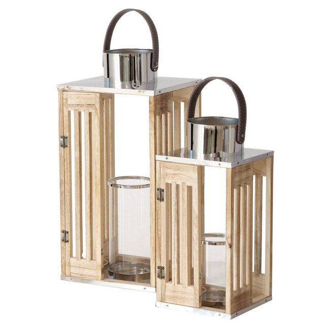 Set 2 felinare din lemn Octavia, cu maner din piele