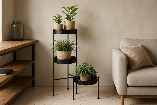 Suport de flori loft negru pentru 3 ghivece BOGI, 61,5 cm