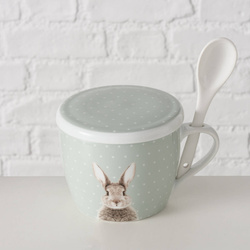 Cana cu capac si lingurita Fluffy, din portelan, iepuras, 600 ml