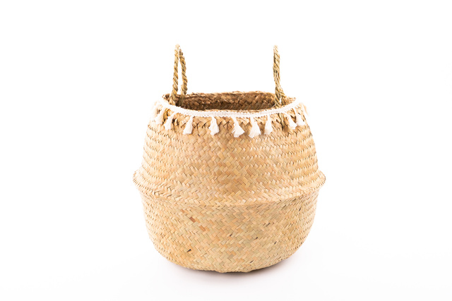 Coș decorativ, iarbă de mare, țesut, Ø 31 cm, cu franjuri