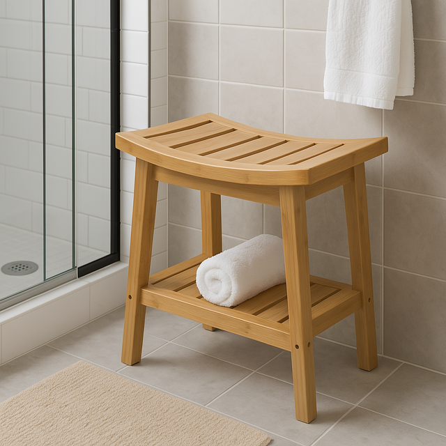Taburet din bambus cu raft pentru accesorii