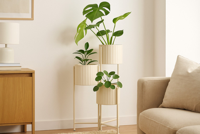 Suport de flori loft pentru 3 ghivece VIKO, metalic, crem.