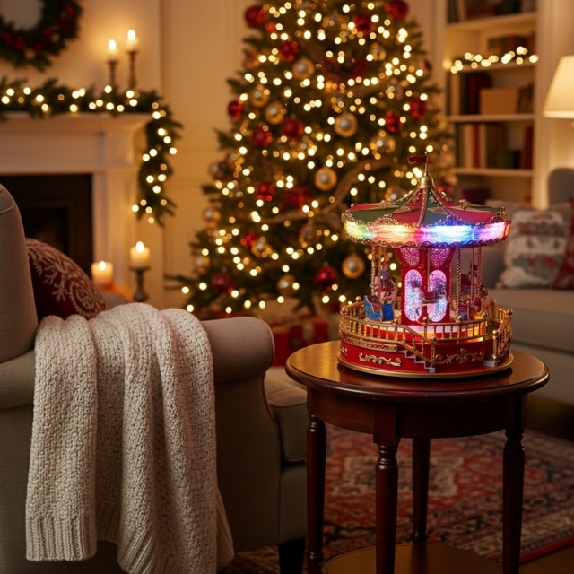 Carusel LED de Crăciun cu muzică și figurine rotative, 23 x 28 cm